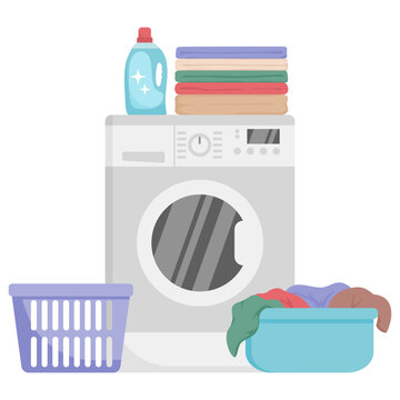 Laundry vector elements in flat style: washing machine, laundry products, stack of fresh towels, laundry basket, basin with wet cloth