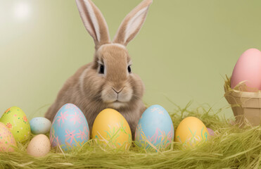 Fototapeta na wymiar Easter bunny with decorated eggs. Generative AI image.