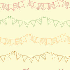Festive bunting flags ornament. Flag garland outline vector seamless pattern. Delicate modern design for celebration party, holidays, festival.