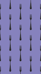 pattern. Fork top view on pastel blue violet background. Template for applying to surface. Vertical image. Flat lay. 3D image. 3D rendering.