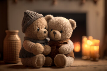 A cute teddy couple celebrating valentine's day with a cozy background 
