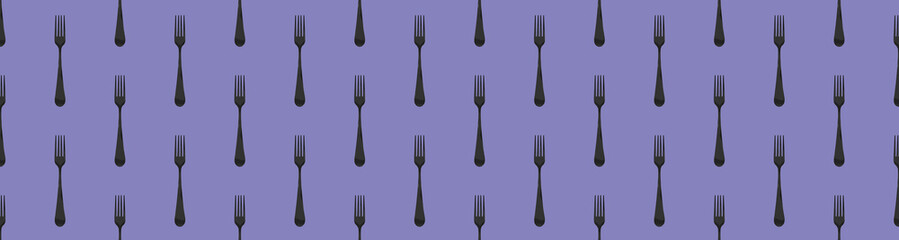pattern. Fork top view on pastel blue violet background. Template for applying to surface. Horizontal image. Banner for insertion into site. Flat lay. 3D image. 3D rendering.