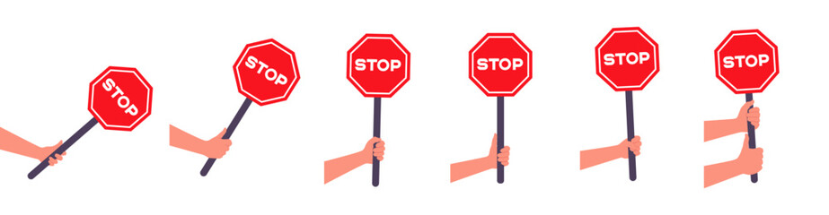 Set with hands holding red road stop sign cartoon flat vector illustration
