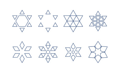 Bundle of six-pointed Jewish Magen David stars made of geometric shapes vector illustration with editable stroke