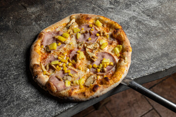 the chef prepares delicious pizza in the restaurant. Close-up
