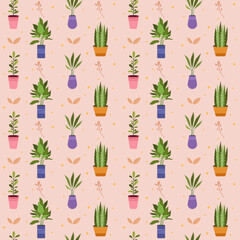 Flat design potted houseplant collection set seamless pattern background