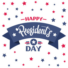 America Presidents Day. USA election poster for presidency. Blue and red stars flag. Happy patriotic event. Democratic vote logo. Ribbon and calligraphy lettering. Vector festive banner