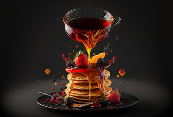 Flying colorful berries, pancakes and golden honey syrup on black background. Generative AI.