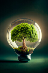 AI generated. Renewable energy ideas. Tree inside a light bulb for ecology concept.