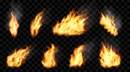 Fototapeta premium Fire flame. Realistic burn effect. Hot combustion. Spark and smoke. Hell blaze. Red and dark fireplace. Fiery explosion. Torch light. Bonfire elements set. Vector neoteric illustration
