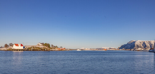 Fototapeta premium Winter, cold and clear weather in Brønnøysund harbor, Helgeland coast, Norway, Europe