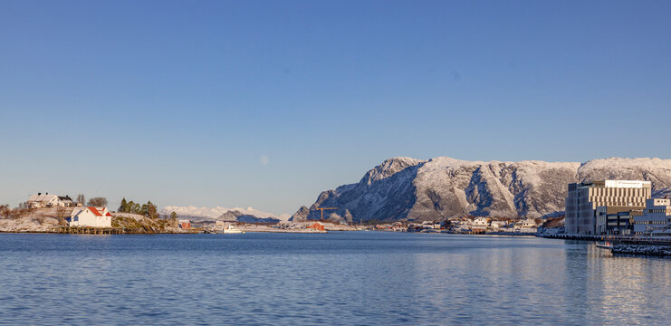 Winter, cold and clear weather in Brønnøysund harbor, Helgeland coast, Norway, Europe