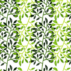 Hand drawn branches with leaves seamless pattern. Botanical sketch background. Decorative forest twig endless wallpaper.