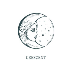 Crescent moon hand drawn in engraving style