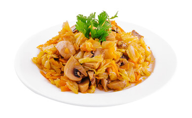 Fried cabbage with mushrooms on white plate