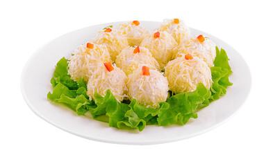 Cheese balls with garlic and mayonnaise on lettuce leaf