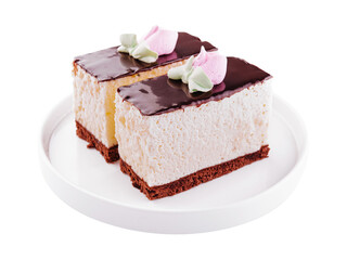 souffle cake with biscuit, birds milk on white plate