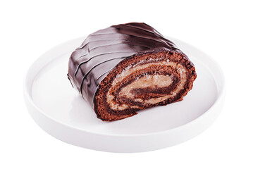 Chocolate roll with cream on a white plate
