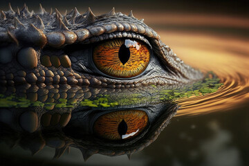 crocodile in swamp. eye and water reflections. generative ai