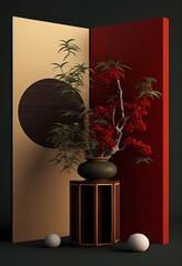 Oriental stand for commercial advertising. Ecological wood podium for show product. Ornamental mockup with geometrical luxury pedestal. 3D rendering.