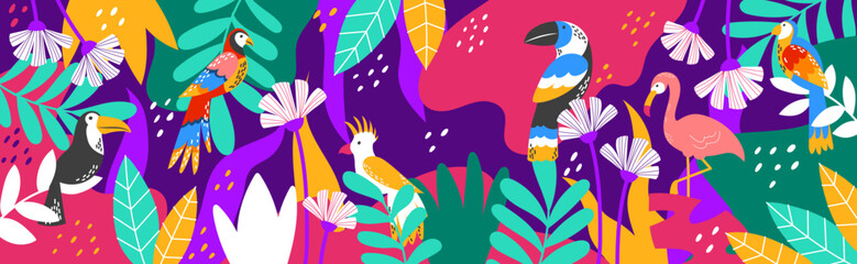 Tropic brazil pattern with nature, birds and flowers. Cute flamingo in leaves, colorful parrots, carnival summer festival. Modern background for banner. Vector abstract garish illustration