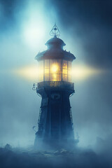 mysterious spooky lighthouse illuminated with fog. generative ai