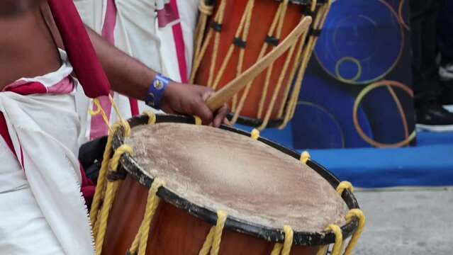 Bangalore, India 22nd January 2023: Traditional South Indian Music. KERELA TRADITIONAL DRUMMER. CHENDA MELAM. Taadam. Indian drummers playing Chenda drums during the celebration.