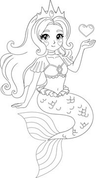 Cute mermaid with long hair. Isolated outline for coloring page