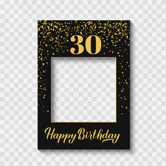 Happy 30th Birthday photo booth frame on a transparent background. Birthday party photobooth props. Black and gold confetti party decorations. Vector template