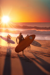 surfer silhouette in the beach shore at sunset. generative ai