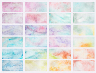 Collection of multi-coloured abstract watercolours for web design. Abstract paintbrush rectangular shape elements for scrapbook, print, template, postcard, cover, brochure. Paper pastel colors