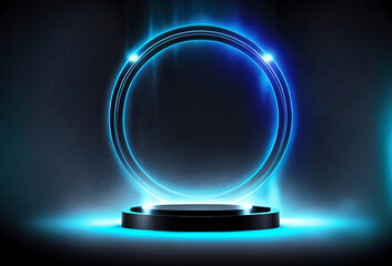 Empty neon podium or pedestal for product presentation. Glowing neon circle with platform with mockup space. Illustration