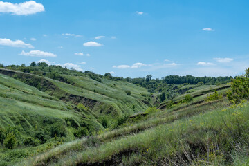 Fototapeta na wymiar View ravine covered with greenery. Landscape valley with geological faults. Earthen mountains and bumps relief on against sky. Hill beam with protrusions and recesses. Grass and trees on slope canyon.