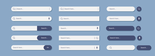 Web search bar. Website box. Internet field for text. UI tab. Computer button link. WWW site browse. Online information find. Interface elements set. Vector illustration tidy template