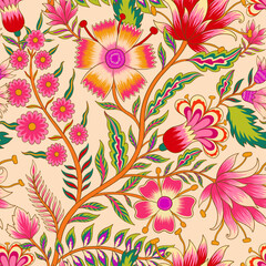Beautiful floral romantic seamless pattern in Jacobean style.The ornament is also inspired by Mughal art.The design depicts a bunch of fantasy flowers a textile Indian style. © ArinaKram