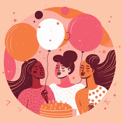 Obraz na płótnie Canvas Illustration of three female friends celebrating their birthday with cake and balloons.