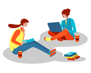 Big isolated cartoon style happy young woman  working on laptop on desk, healthy, flat vector illustration