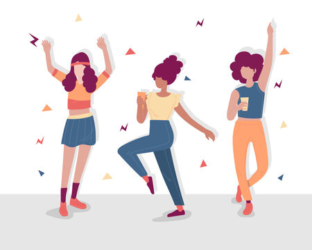 Big isolated cartoon style happy young  woman dancing in side home for stay healthy, flat vector illustration