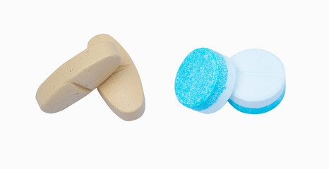 Paracetamol blue with capsule cream color Drug oral medicine. Pill used to treat mild moderate pain and fever white bottle white. Isolated on white background. Vitamin strengthens immune system. 