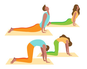 Big isolated cartoon style happy young men and woman doing yoga activity in side home for stay healthy, flat vector illustration
