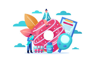 World sugar diet day infographic. Diabetes patient care. Insulin blood analysis. Doctor controls sweets. People and big donut. International holiday. Vector illustration recent concept