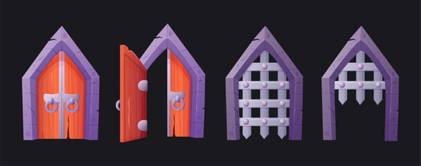 Obraz premium Castle dungeon gate. City doors. Open and closed medieval wooden or iron entrance. Building arch with lattice. Stronghold doorway. Game elements set. Vector cartoon recent illustration