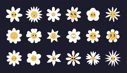 Smile flower face, happy daisy. Cute fun groovy characters, chamomile plant emoji, positive baby comic art. Happy 70s hippie botanical elements. Summer blossoms. Vector cartoon recent icons