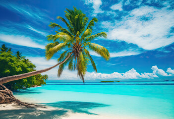 Obraz na płótnie Canvas Holiday Travel Background with White Sandy Beach and Palm Trees (Generative AI)