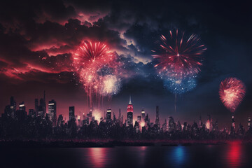 Naklejka premium fireworks over the city, NYC, new york city. Generative AI.