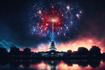 Fireworks over washington dc, us capitol. July 4th celebration.