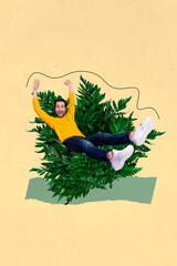 Vertical collage portrait of overjoyed positive mini guy sit green bush leaves isolated on drawing background