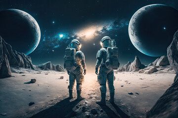 Obraz na płótnie Canvas Two astronauts standing in space are gazing at an unknown planet, surrounded by the vastness of the cosmos.ia generated
