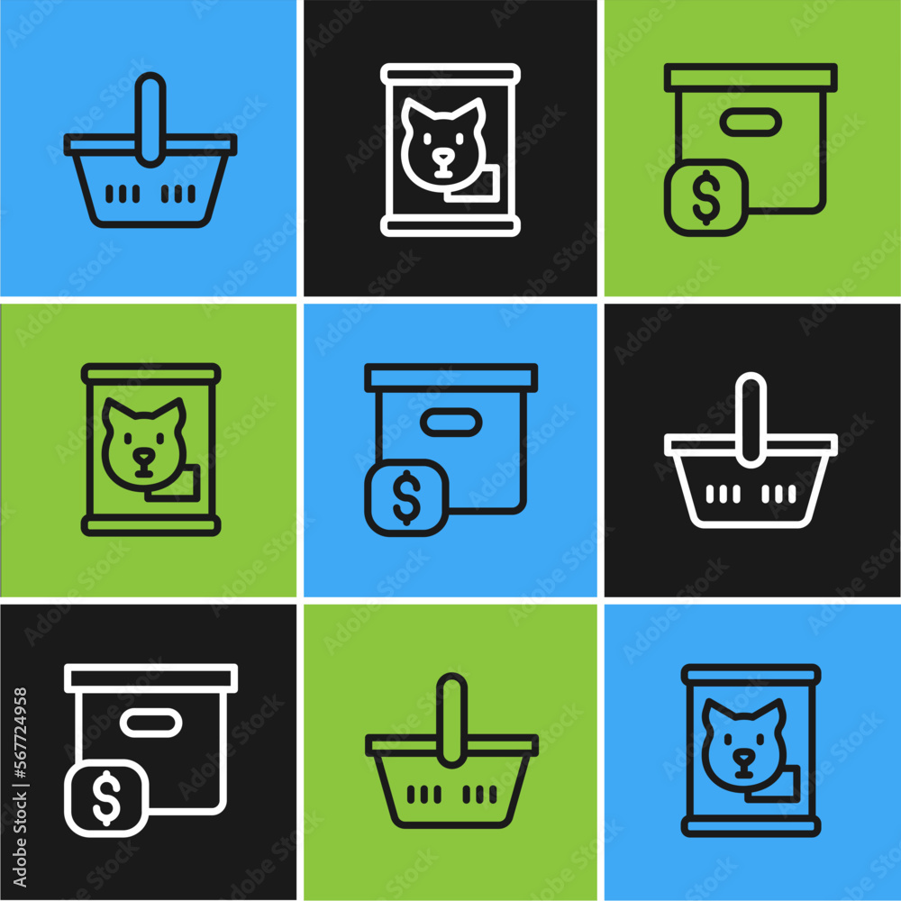 Sticker set line shopping basket, carton cardboard box with price and canned food icon. vector