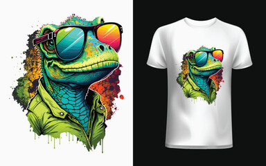 Funny colorful lizard with sunglasses, graffiti artwork style. Printable design for t-shirts, mugs, cases, etc. - obrazy, fototapety, plakaty
